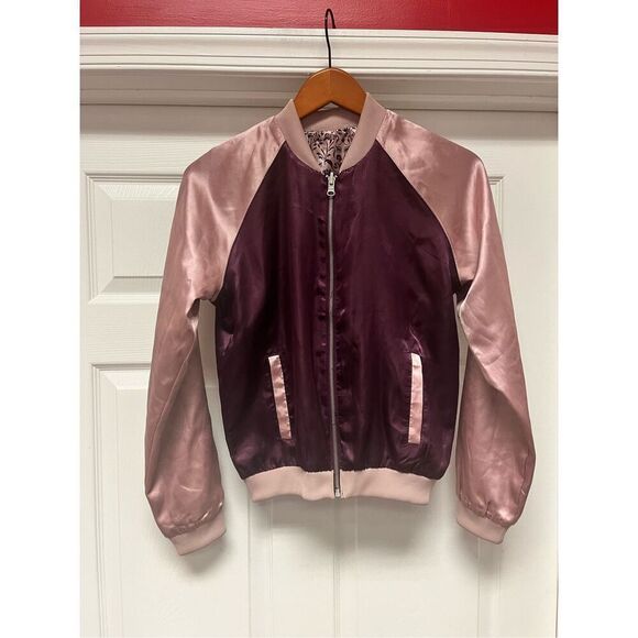 Pink & Burgundy Satin Floral Reversible Baseball Jacket sz M EUC - Picture 2 of 9